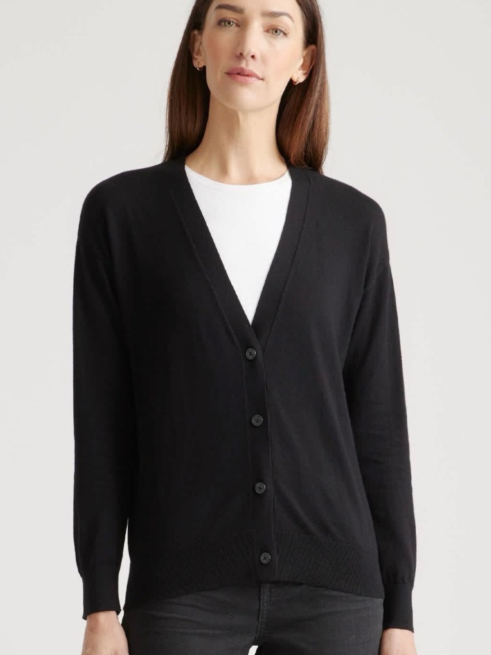 Quince Classic Black V-Neck Button Cardigan Sweater
